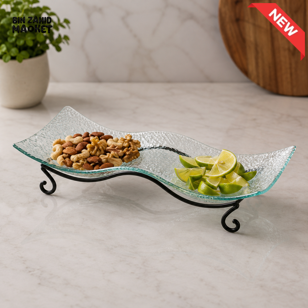 DANNY HOME WAVE DESIGN GLASS SERVING TRAY WITH METAL STAND