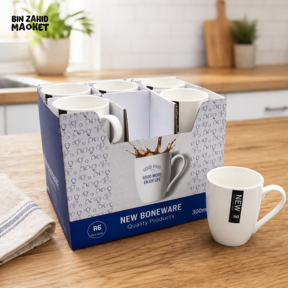 DANNY HOME WHITE BONE CHINA COFFEE MUG SET – MINIMALIST CERAMIC TEA CUPS 300ML (SET OF 6) – PREMIUM DRINKWARE BW20-57