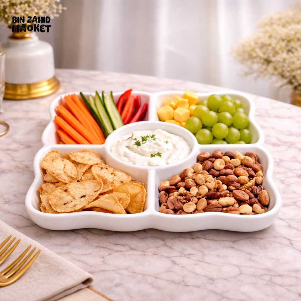 DANNY HOME WHITE CERAMIC 5-COMPARTMENT SERVING PLATTER WITH CENTER DIP BOWL – ELEGANT SECTIONAL SNACK & APPETIZER TRAY