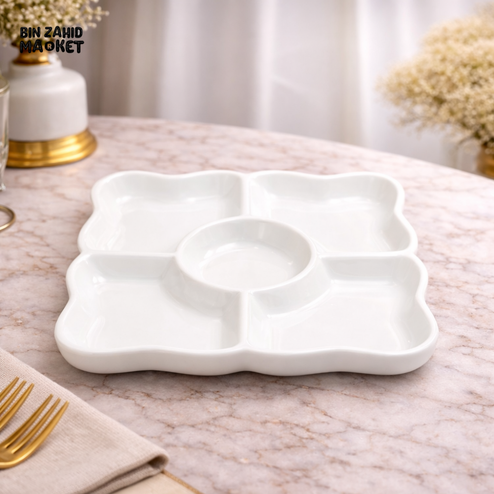 DANNY HOME WHITE CERAMIC 5-COMPARTMENT SERVING PLATTER WITH CENTER DIP BOWL – ELEGANT SECTIONAL SNACK & APPETIZER TRAY