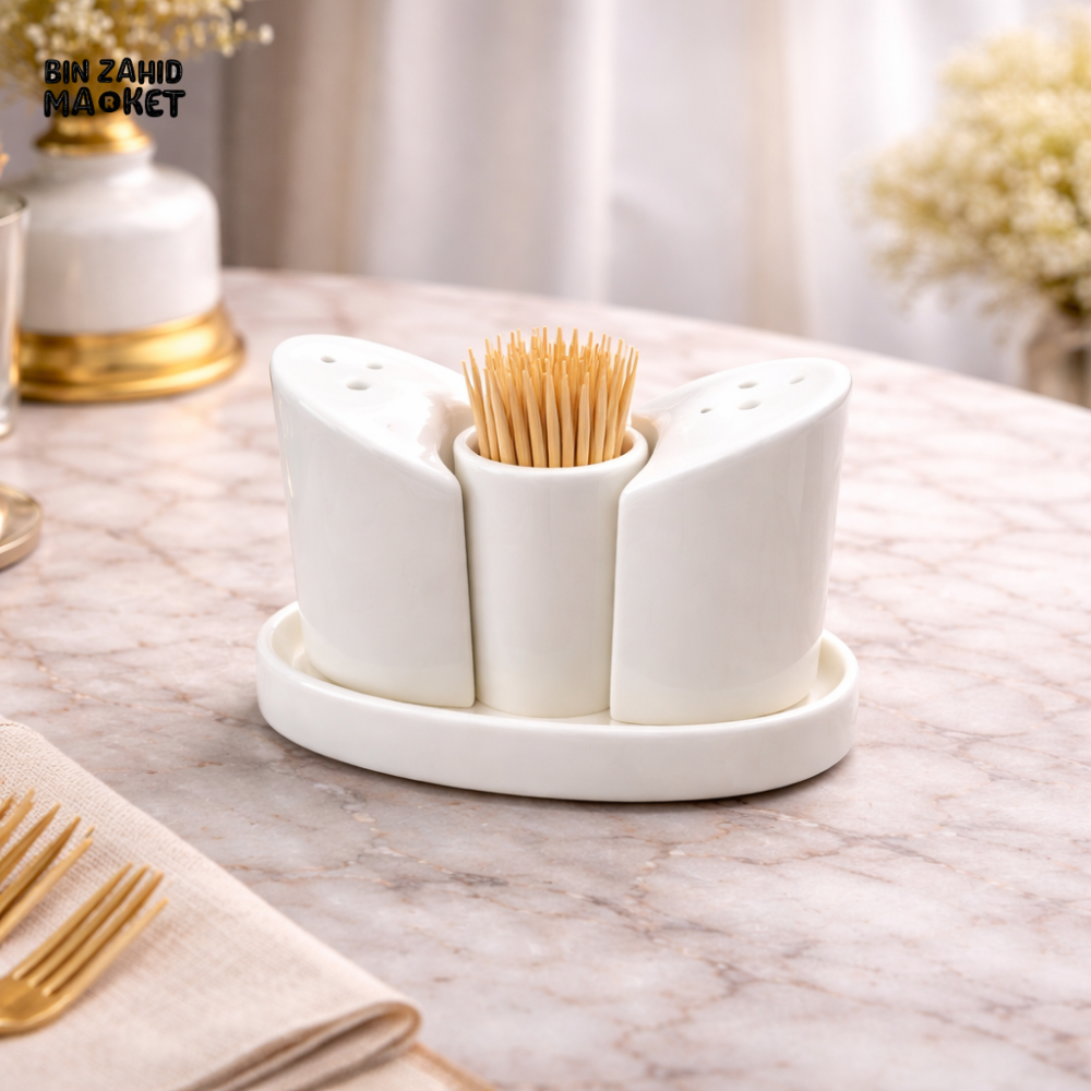 DANNY HOME WHITE CERAMIC SALT & PEPPER SHAKER SET WITH TOOTHPICK HOLDER – MODERN DINING TABLE ACCESSORY SET - BW20-23/4C