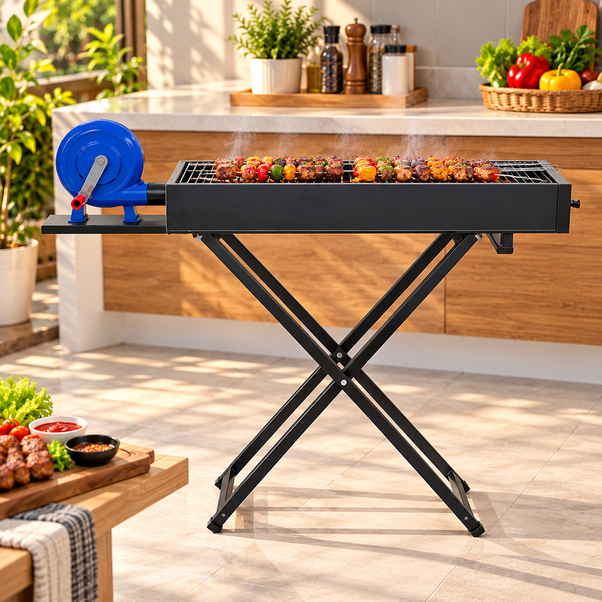 PORTABLE CHARCOAL BBQ GRILL WITH HAND BLOWER & FOLDABLE STAND - 30 x 80 cm