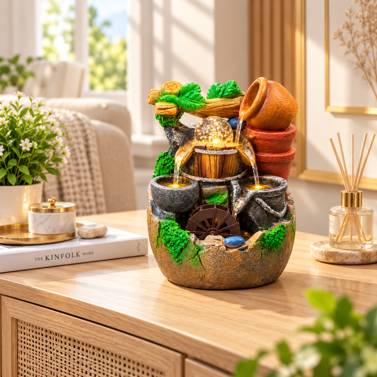 DECORATIVE TABLETOP WATER FOUNTAIN WITH LED LIGHT & WATER WHEEL