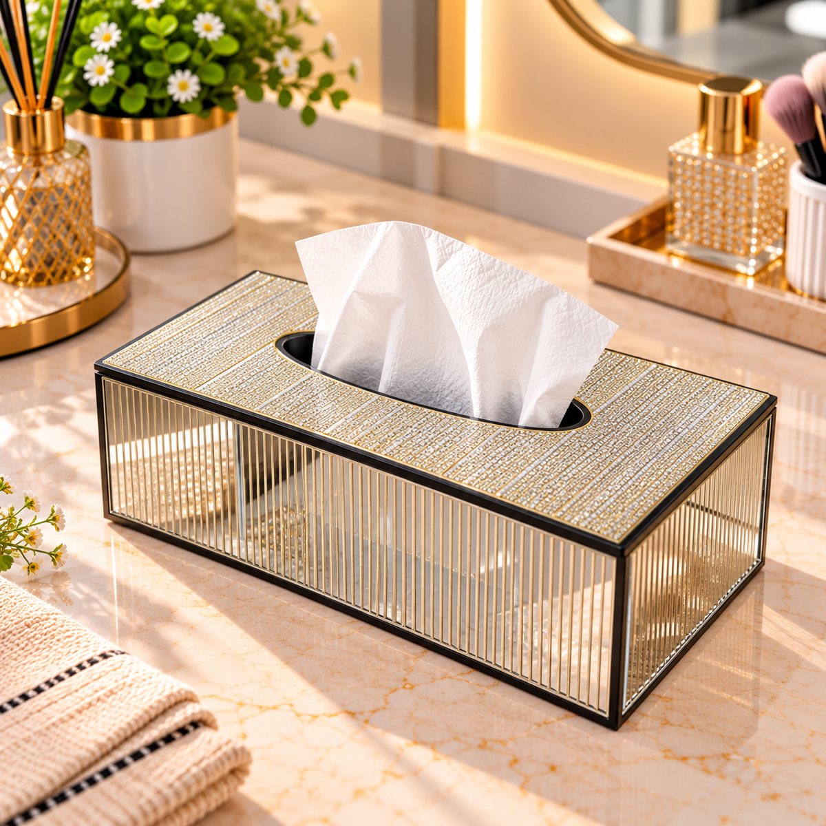 GOLD TEXTURED MIRROR STYLE RECTANGULAR TISSUE BOX