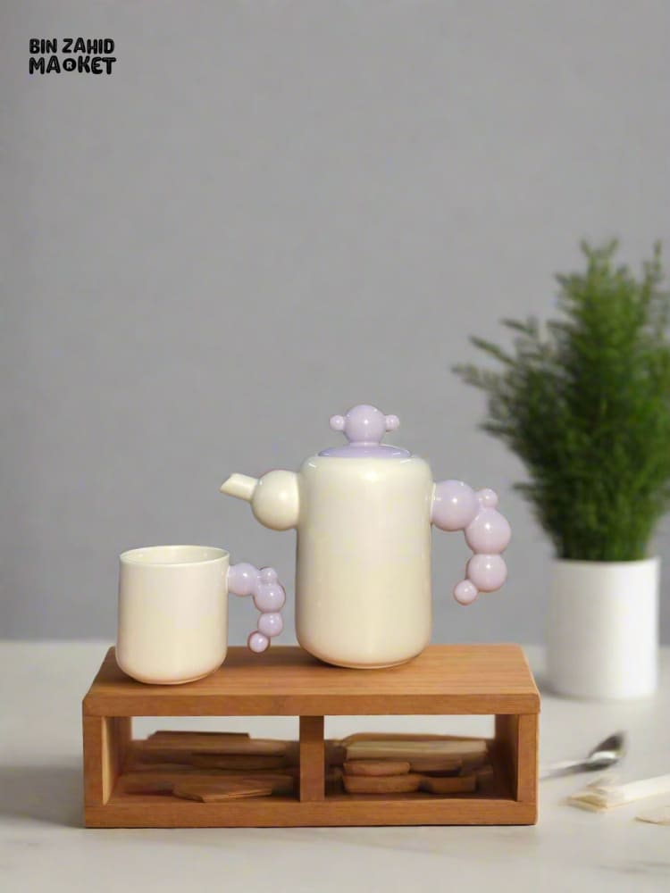 CREAM-STYLE CERAMIC TEA SET — ELEGANT TEAPOT AND CUPS WITH STYLISH RACK PERFECT FOR LIVING ROOM USE OR AS A HOUSEWARMING GIFT - PURPLE