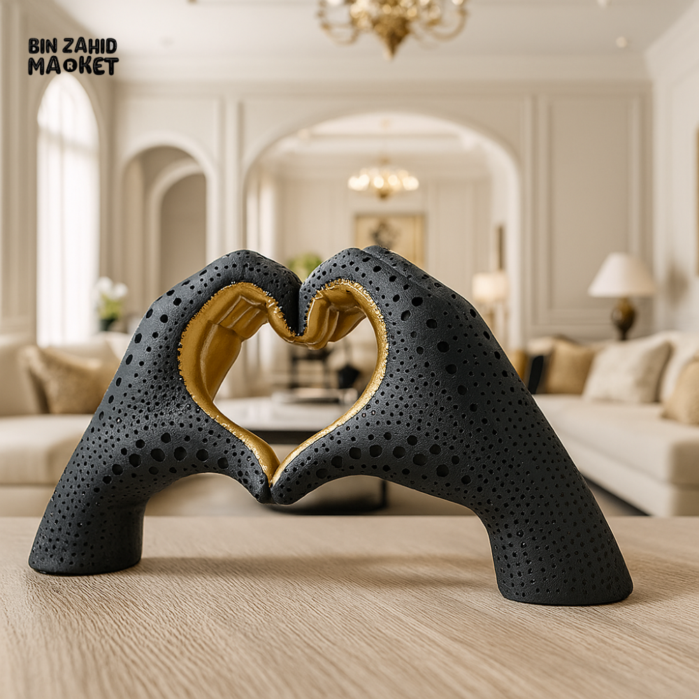 DECORATIVE BLACK & GOLD HEART HANDS SCULPTURE – LUXURY VILLA DECOR ACCENT PIECE