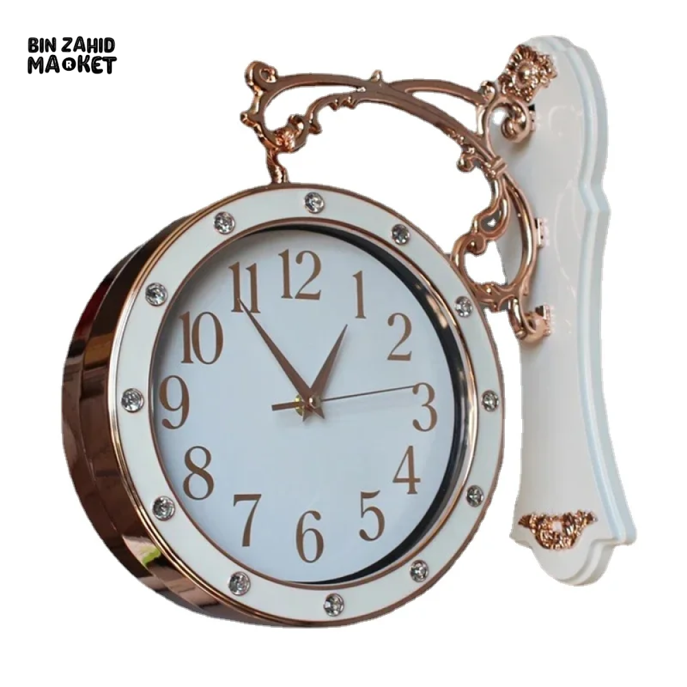 DECORATIVE GOLD WALL CLOCK SILENT DOUBLE-SIDED HOME TIMEPIECE