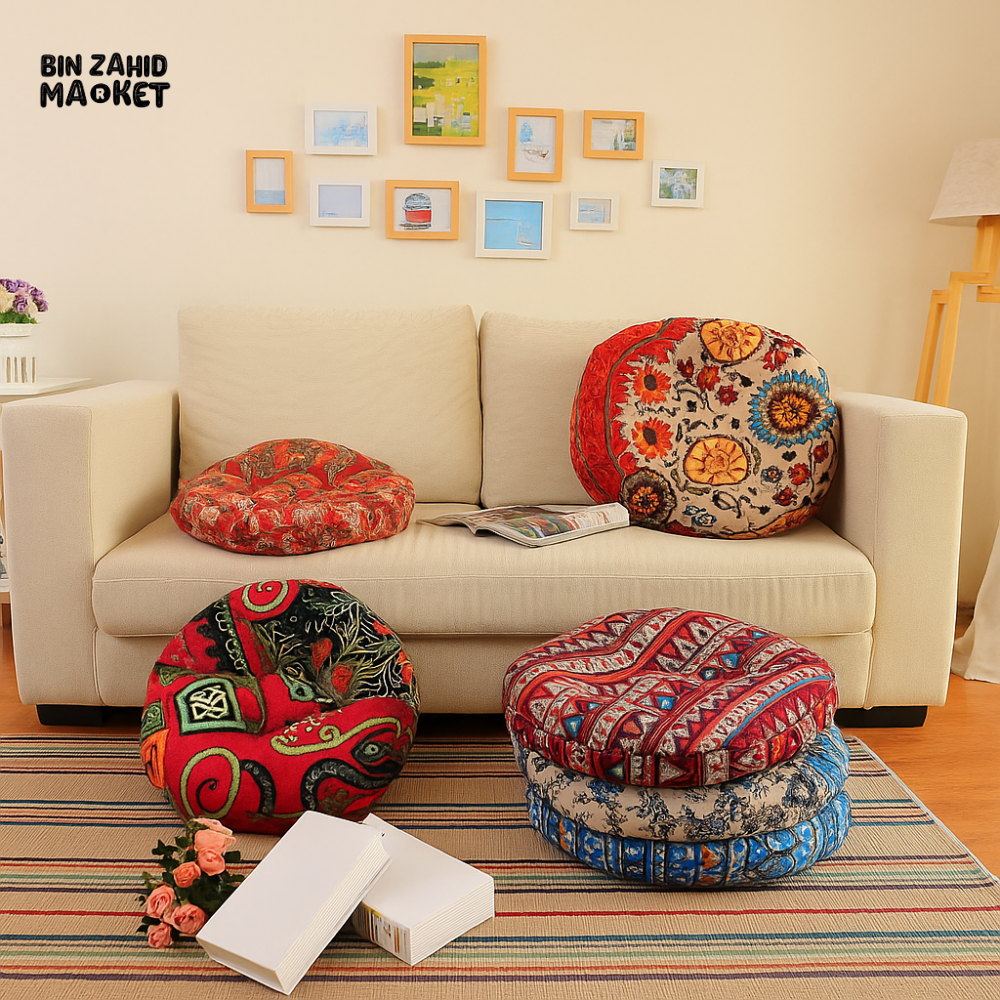 DECORATIVE ROUND FLOOR PILLOW – VIBRANT HANDMADE CUSHION FOR COZY SPACES