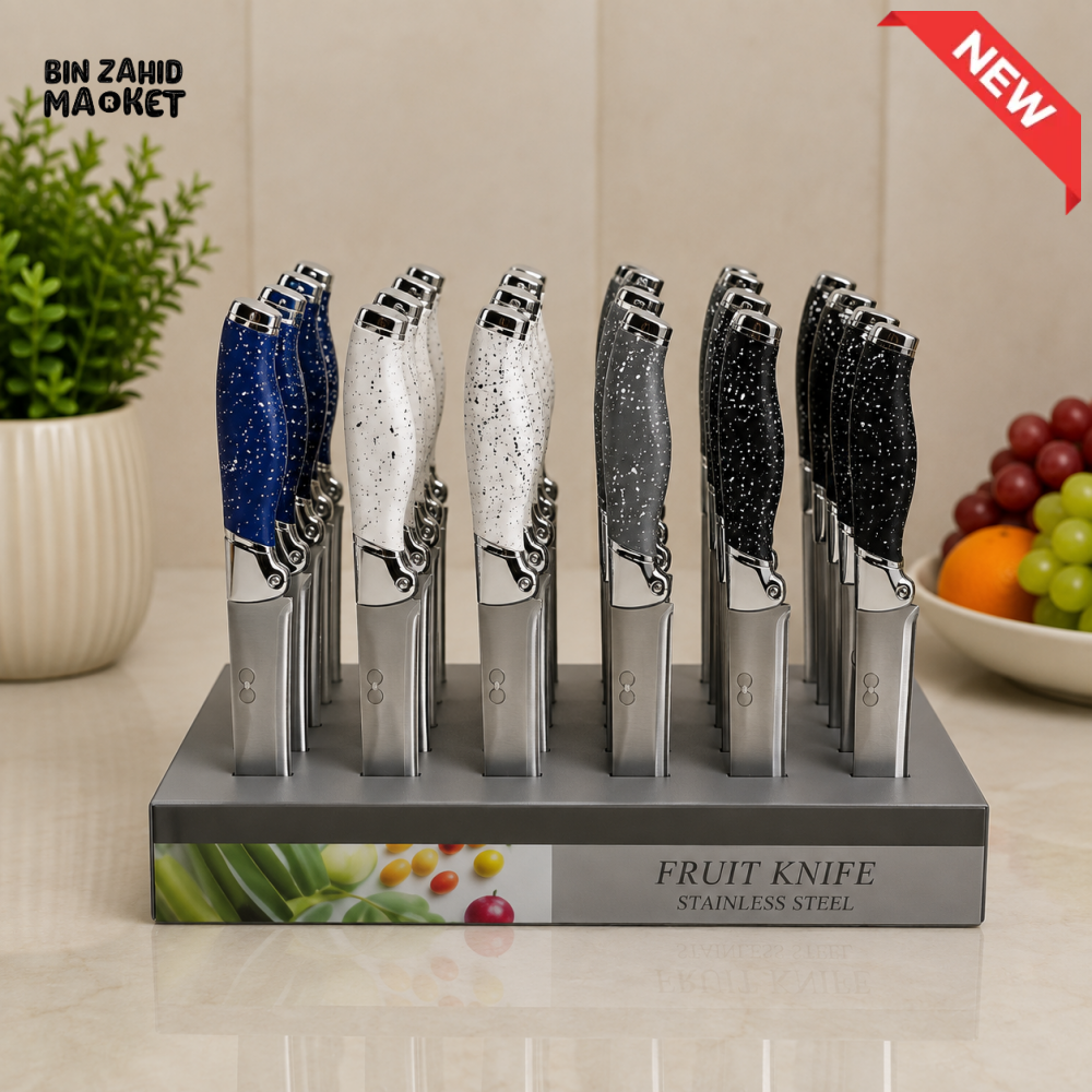 DECORATIVE STAINLESS STEEL FRUIT KNIFE WITH COUNTERTOP DISPLAY STAND - 1 PIECE