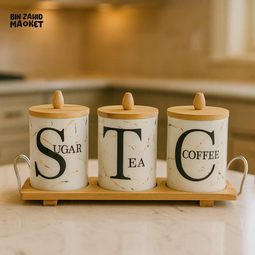 DELUXE SUGAR TEA COFFEE SET – 3 CERAMIC CONTAINERS WITH BAMBOO LIDS & TRAY