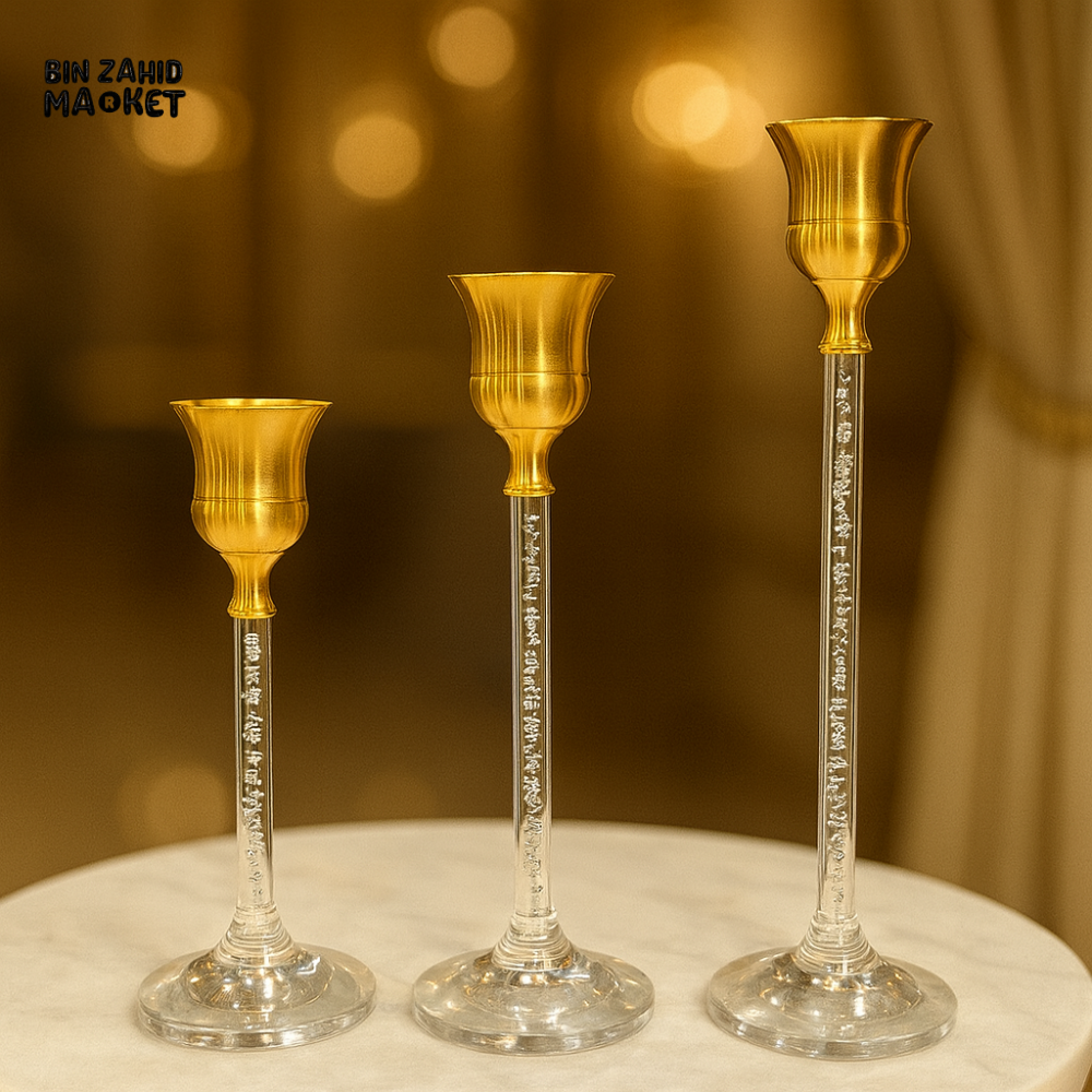 DESIGNER GOLD CANDLESTICK TRIO – GLASS STEMS WITH BUBBLE DETAIL