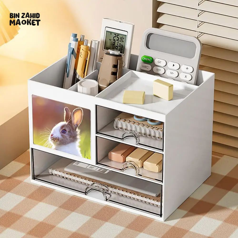 DESKTOP ORGANIZER DRAWER BOX WITH PEN HOLDER STORAGE CASE FOR OFFICE SCHOOL HOME