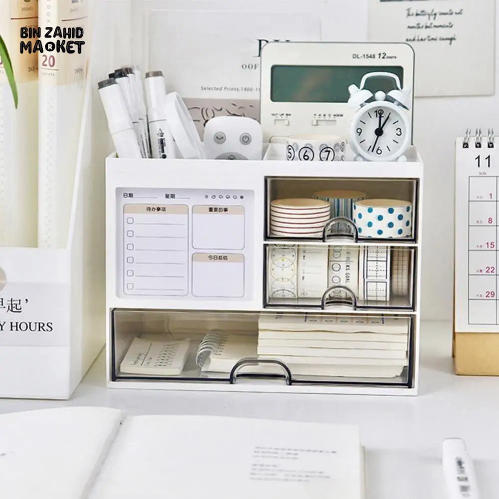 DESKTOP ORGANIZER DRAWER BOX WITH PEN HOLDER STORAGE CASE FOR OFFICE SCHOOL HOME