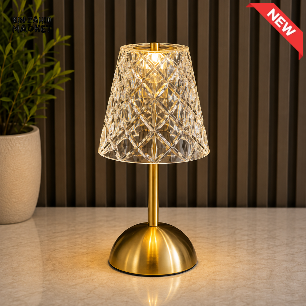 DIAMOND CUT CRYSTAL SHADE LED TABLE LAMP WITH GOLDEN BASE
