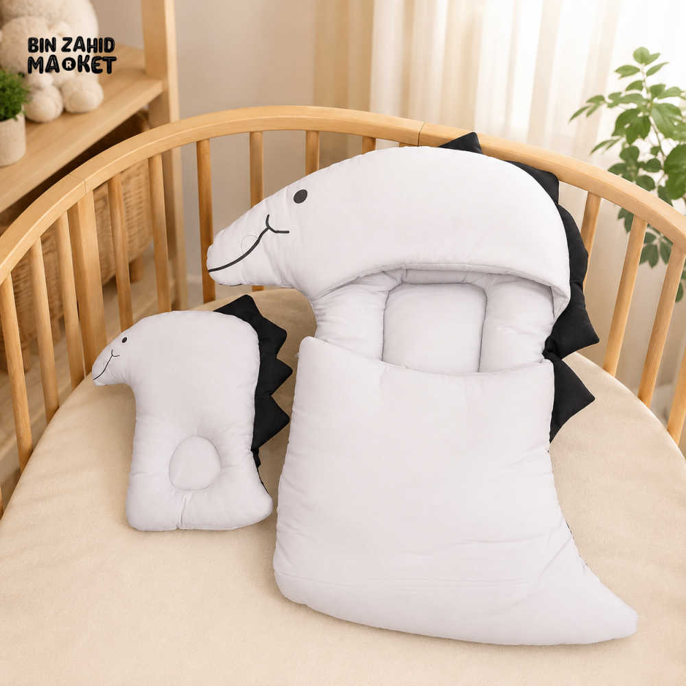 DINOSAUR DESIGN COTTON POLYESTER BABY SLEEPING BAG WITH MATCHING PILLOW - WHITE