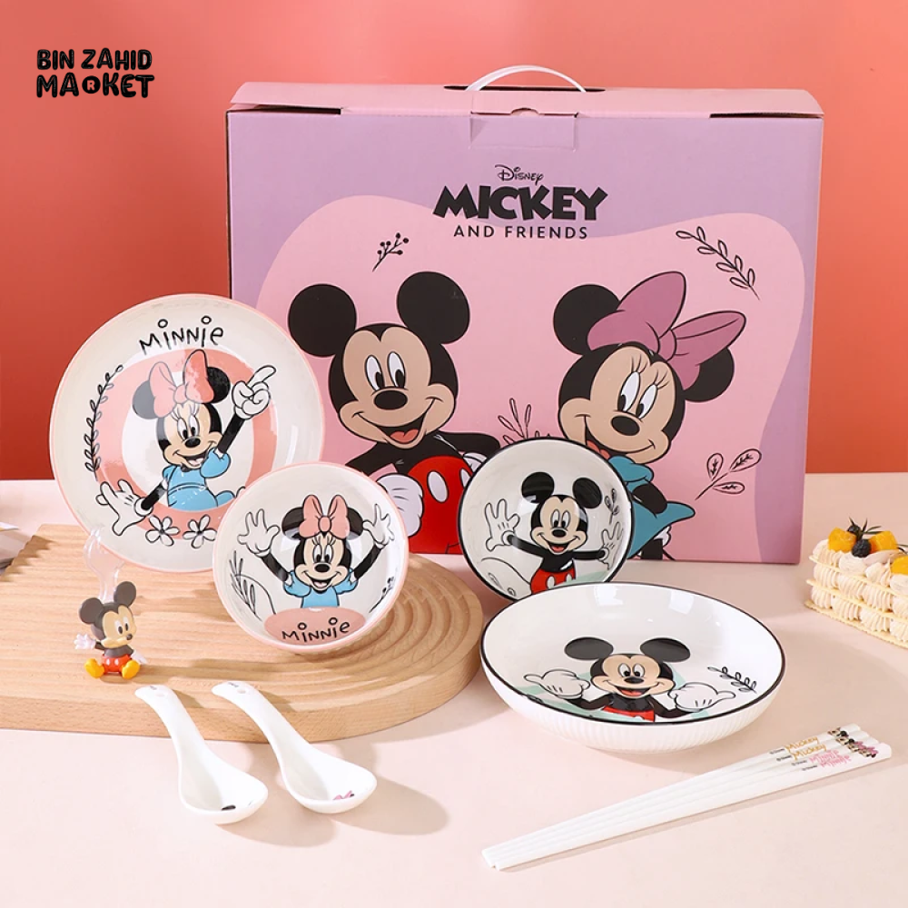 DISNEY 8-PIECS TABLEWARE GIFT SET — INCLUDES CUTE STRIPED BOWLS CHOPSTICKS & CERAMIC PLATES PERFECT FOR KIDS AND DISNEY LOVERS - DONALD DUCK & DAISY DUCK SET