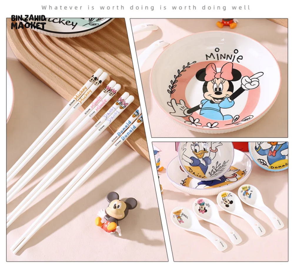 DISNEY 8-PIECS TABLEWARE GIFT SET — INCLUDES CUTE STRIPED BOWLS CHOPSTICKS & CERAMIC PLATES PERFECT FOR KIDS AND DISNEY LOVERS - DONALD DUCK & DAISY DUCK SET