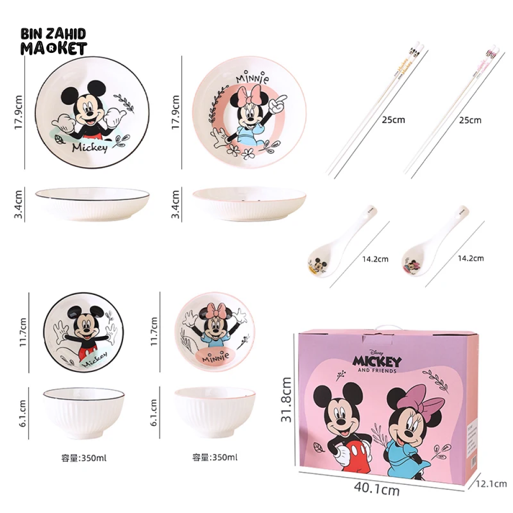 DISNEY 8-PIECS TABLEWARE GIFT SET — INCLUDES CUTE STRIPED BOWLS CHOPSTICKS & CERAMIC PLATES PERFECT FOR KIDS AND DISNEY LOVERS - MINNIE & MICKEY SET