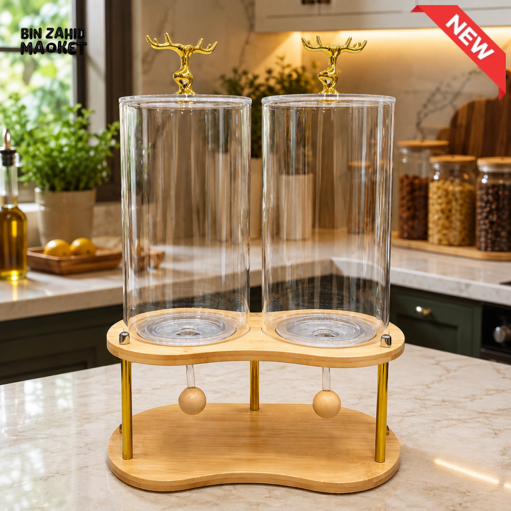 DOUBLE CEREAL AND DRY FOOD DISPENSER WITH BAMBOO STAND