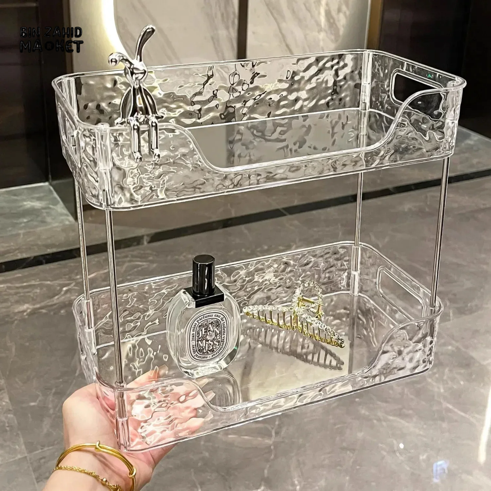 DOUBLE-LAYER ACRYLIC BATHROOM SHELF – TRANSPARENT SHOWER & MAKEUP ORGANIZER