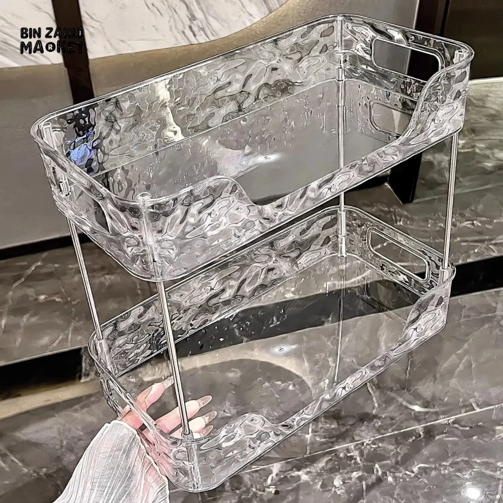 DOUBLE-LAYER ACRYLIC BATHROOM SHELF – TRANSPARENT SHOWER & MAKEUP ORGANIZER