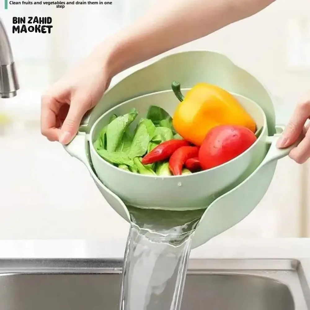 DOUBLE LAYER ROTATING DRAINING BASKET PLASTIC STRAINER BOWL FOR FRUITS VEGETABLES & RICE KITCHEN WASHING & SERVING TOOL