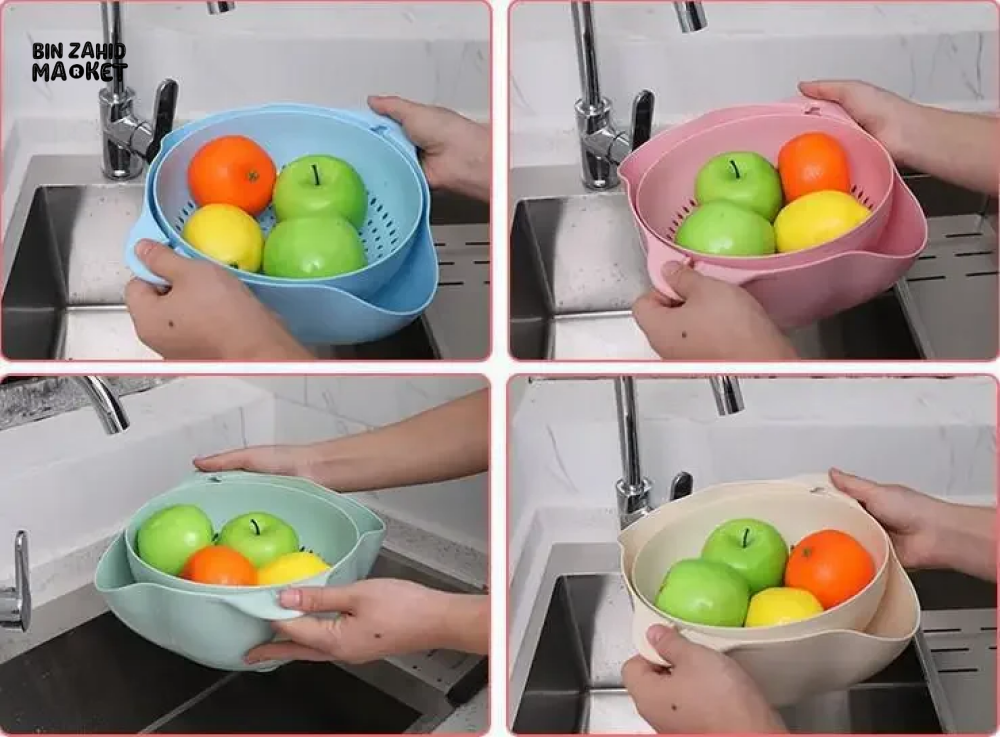 DOUBLE LAYER ROTATING DRAINING BASKET PLASTIC STRAINER BOWL FOR FRUITS VEGETABLES & RICE KITCHEN WASHING & SERVING TOOL