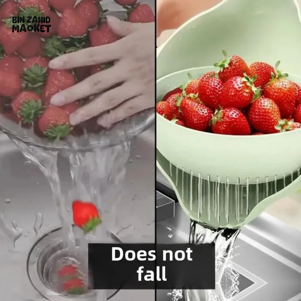 DOUBLE LAYER ROTATING DRAINING BASKET PLASTIC STRAINER BOWL FOR FRUITS VEGETABLES & RICE KITCHEN WASHING & SERVING TOOL