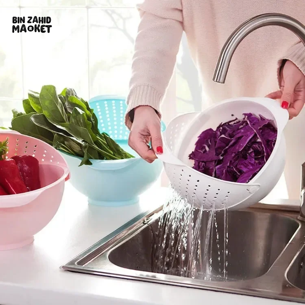 DOUBLE LAYER ROTATING DRAINING BASKET PLASTIC STRAINER BOWL FOR FRUITS VEGETABLES & RICE KITCHEN WASHING & SERVING TOOL