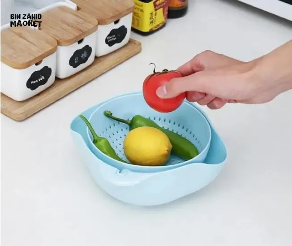 DOUBLE LAYER ROTATING DRAINING BASKET PLASTIC STRAINER BOWL FOR FRUITS VEGETABLES & RICE KITCHEN WASHING & SERVING TOOL
