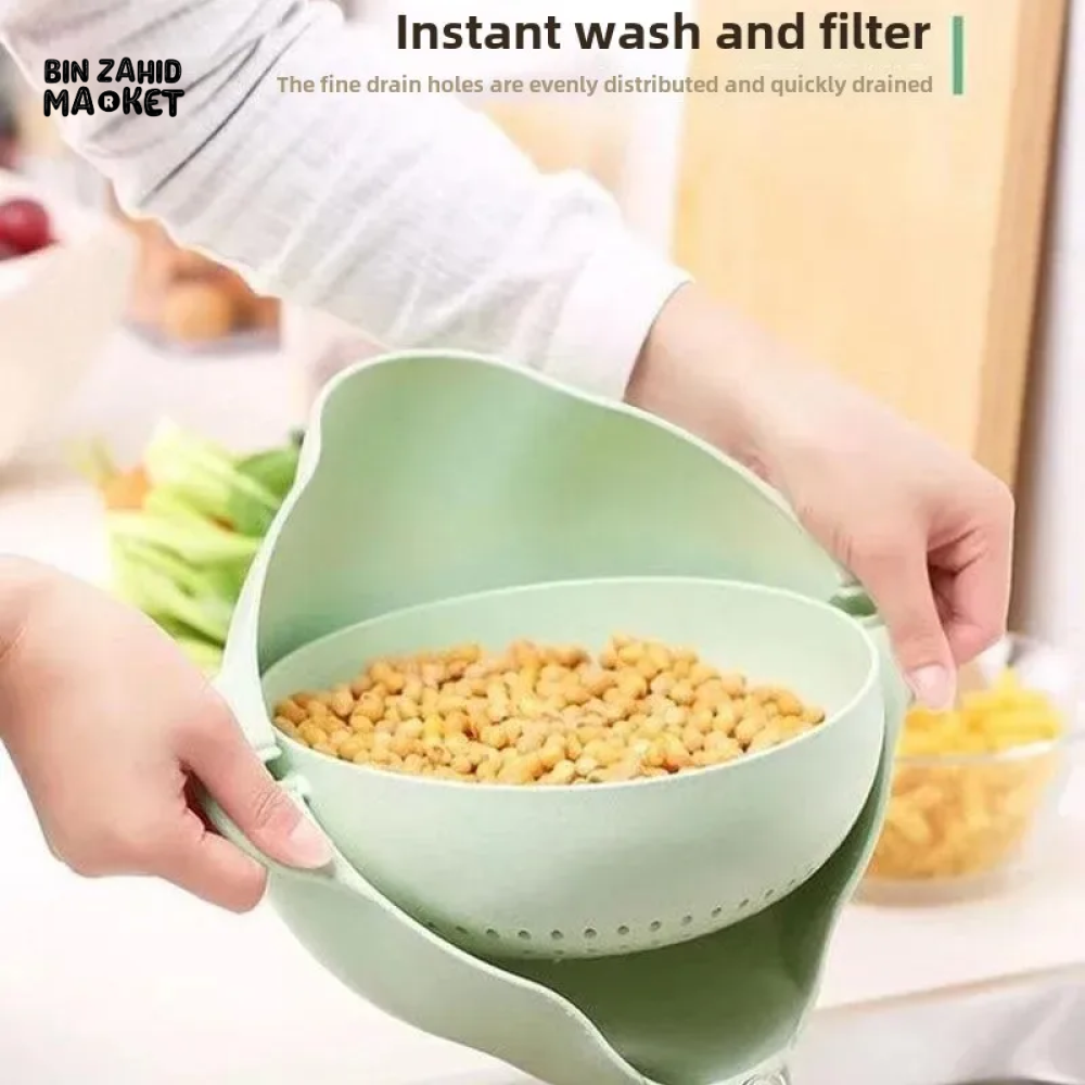 DOUBLE LAYER ROTATING DRAINING BASKET PLASTIC STRAINER BOWL FOR FRUITS VEGETABLES & RICE KITCHEN WASHING & SERVING TOOL