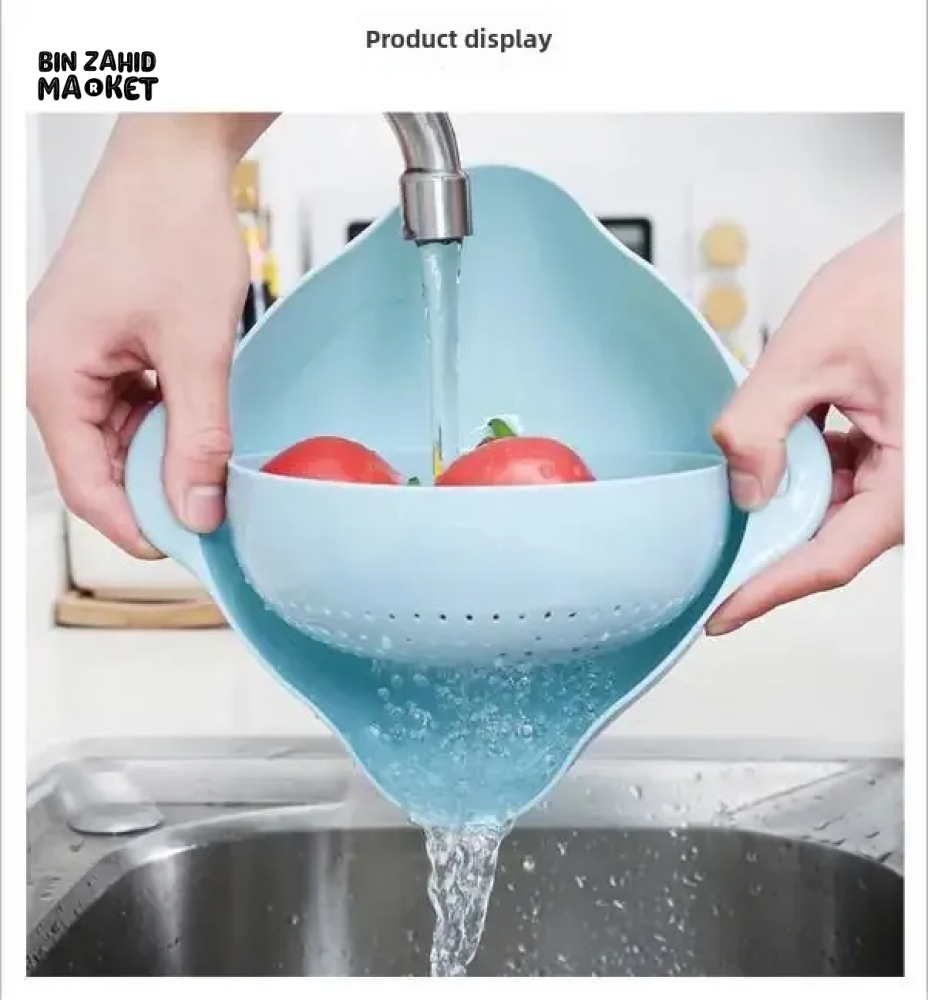 DOUBLE LAYER ROTATING DRAINING BASKET PLASTIC STRAINER BOWL FOR FRUITS VEGETABLES & RICE KITCHEN WASHING & SERVING TOOL