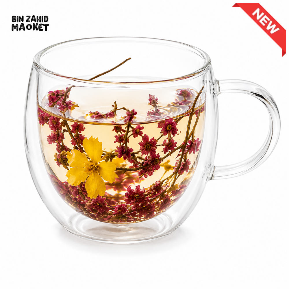 DOUBLE WALL FLORAL GLASS TEA MUG - 250ML
