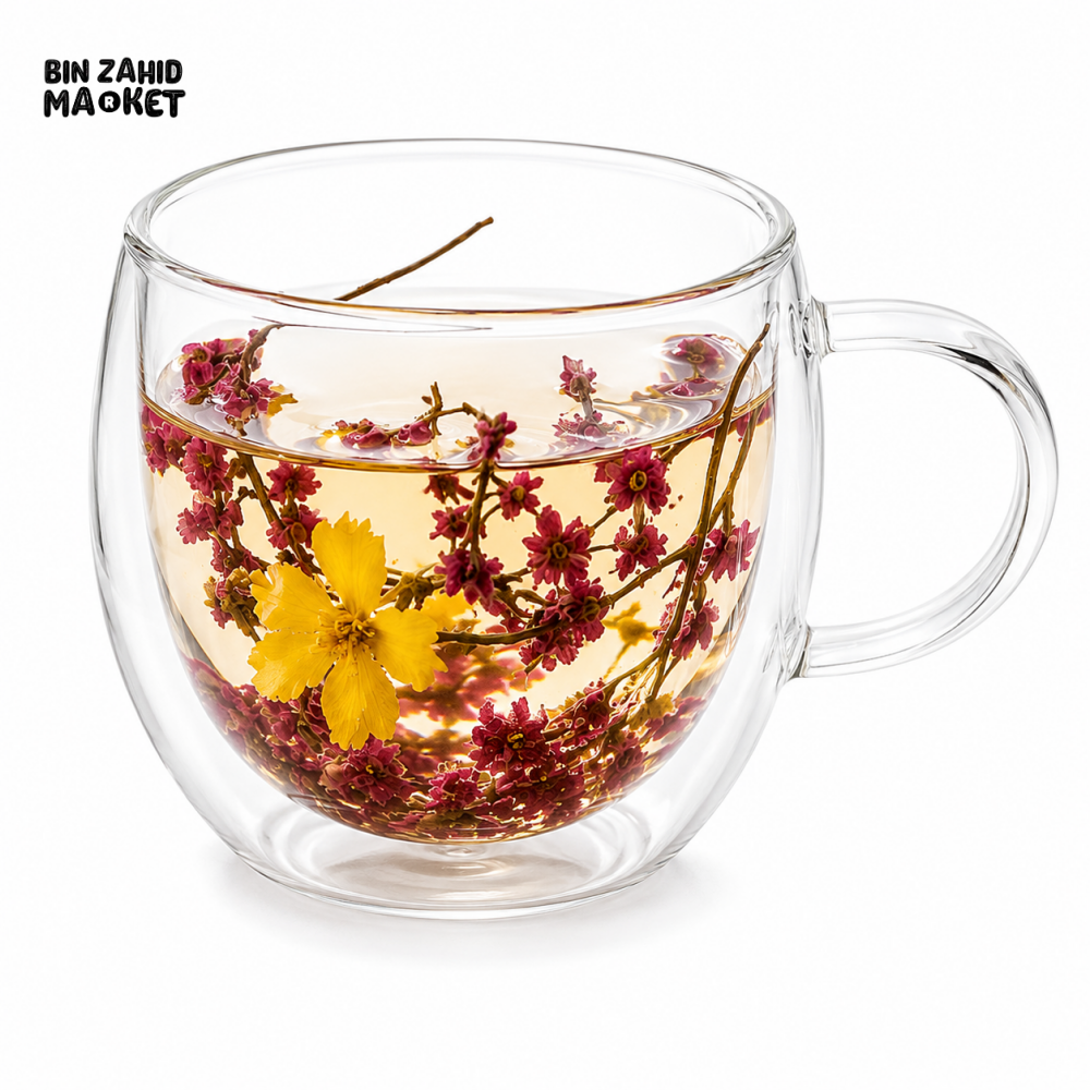 DOUBLE WALL FLORAL GLASS TEA MUG - 250ML