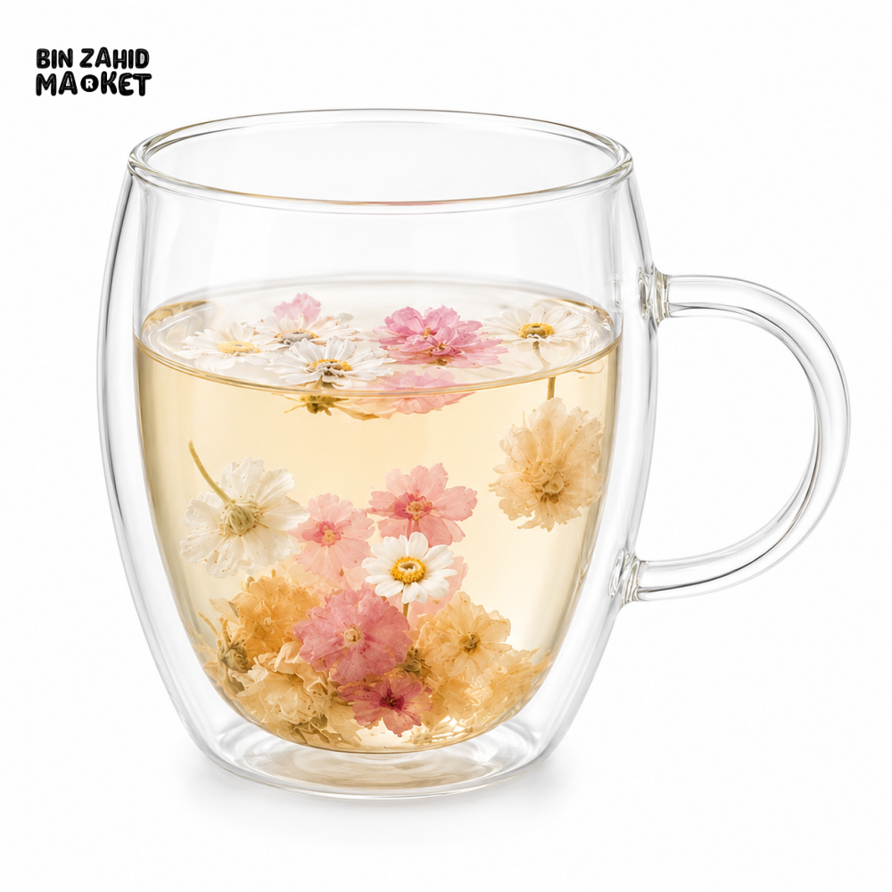 DOUBLE WALL FLORAL GLASS TEA MUG - 350 ML