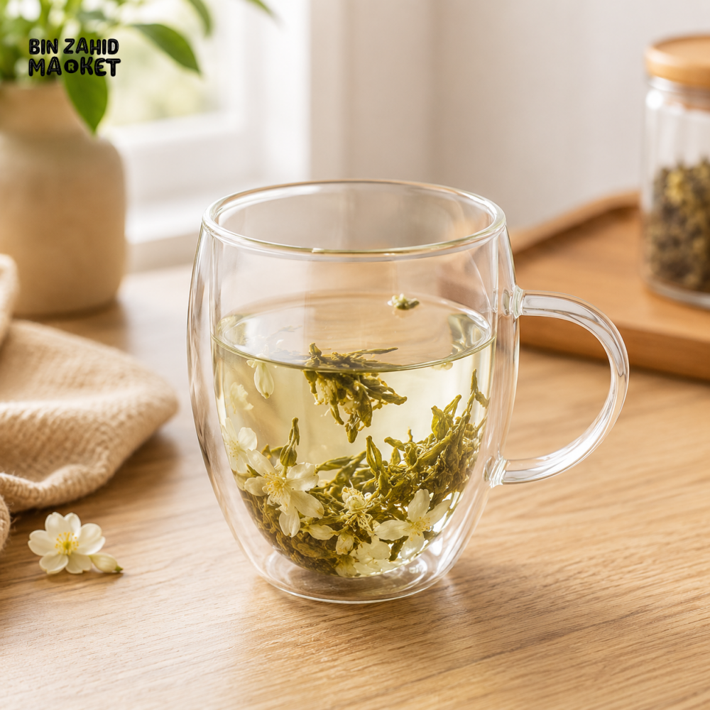 DOUBLE WALL GLASS JASMINE TEA MUG - (350ML) - GREEN