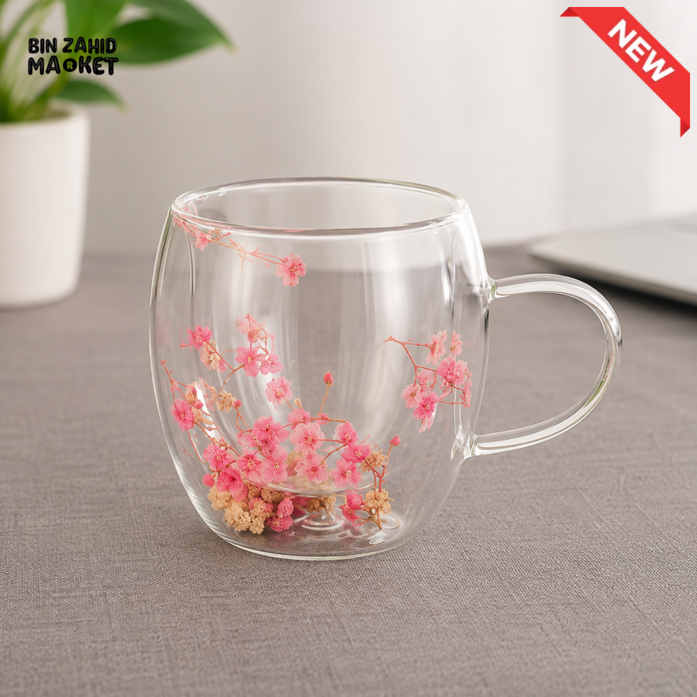 DOUBLE WALL GLASS MUG WITH PINK FLORAL DESIGN