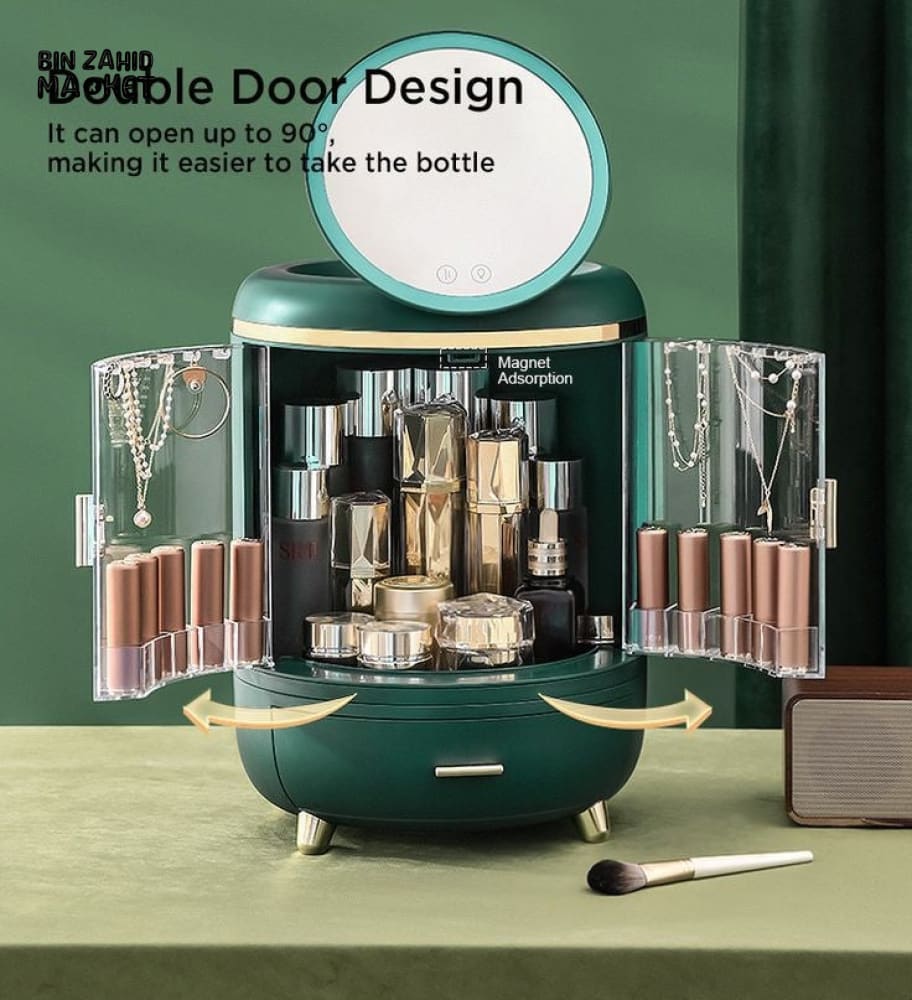 DUAL DOOR COSMETIC ORGANIZER WITH LED MIRROR