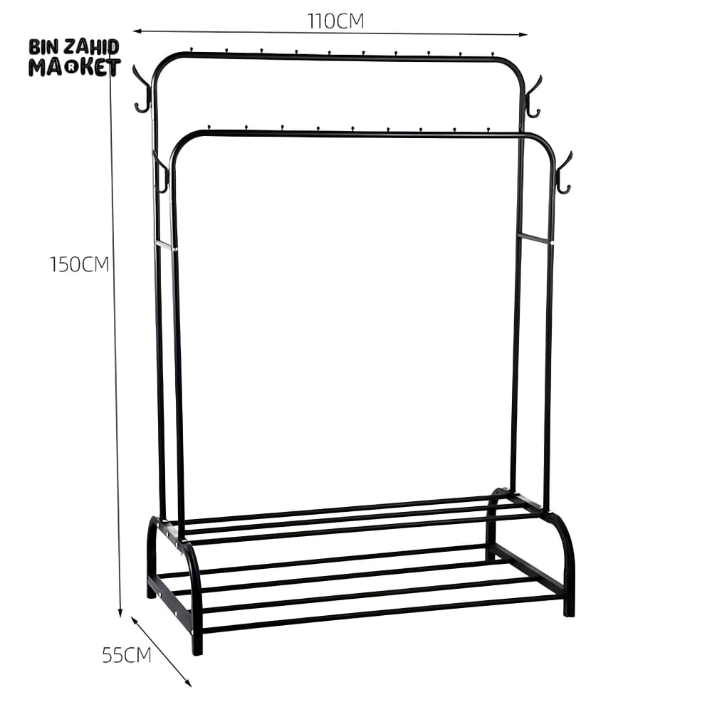DUAL POLE METAL CLOTHES STAND – WITH DUAL SHOE TIERS & SIDE HOOKS