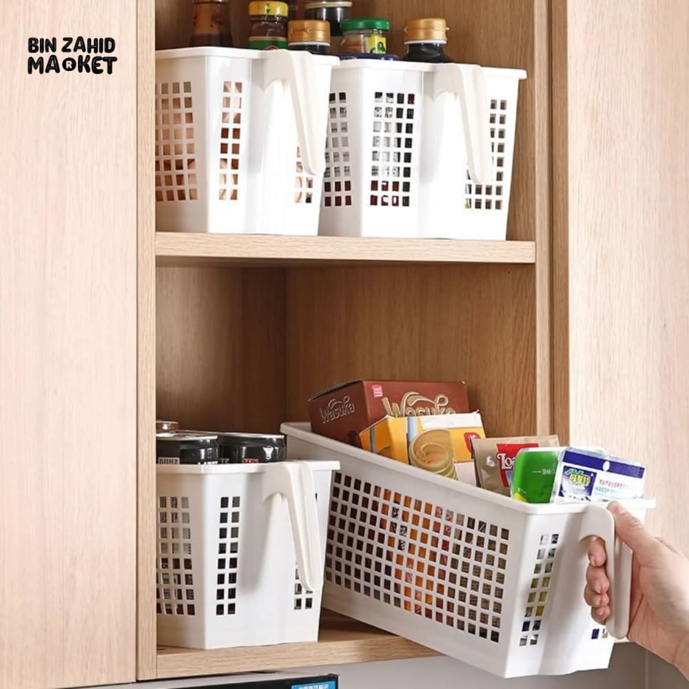 DURABLE PLASTIC STORAGE BASKET WITH HANDLE – PERFECT FOR KITCHEN & PANTRY ORGANIZATION