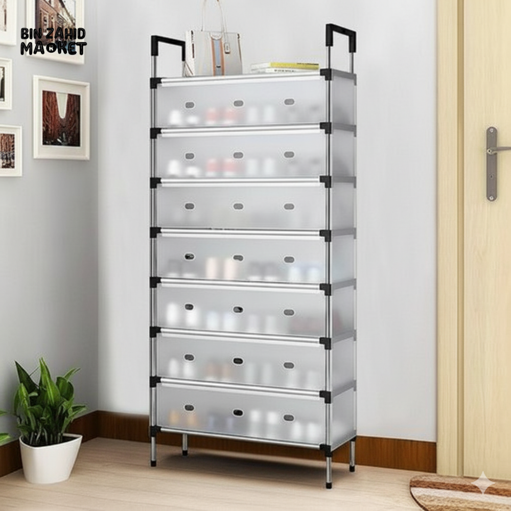 DUSTPROOF SHOE ORGANIZER RACK HEAVY DUTY STORAGE STAND FOR SHOES HEELS TOYS & MORE – HALLWAY DORM & GARAGE - 8 LAYER