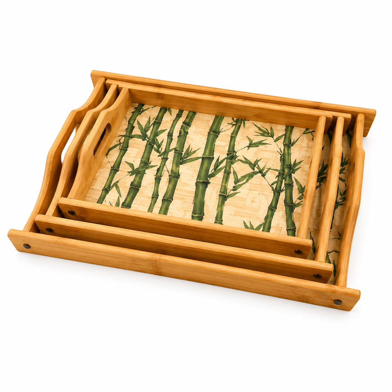 LUXEWOOD 3-PIECE RECTANGULAR WOODEN SERVING TRAY SET - BAMBOO GROVE