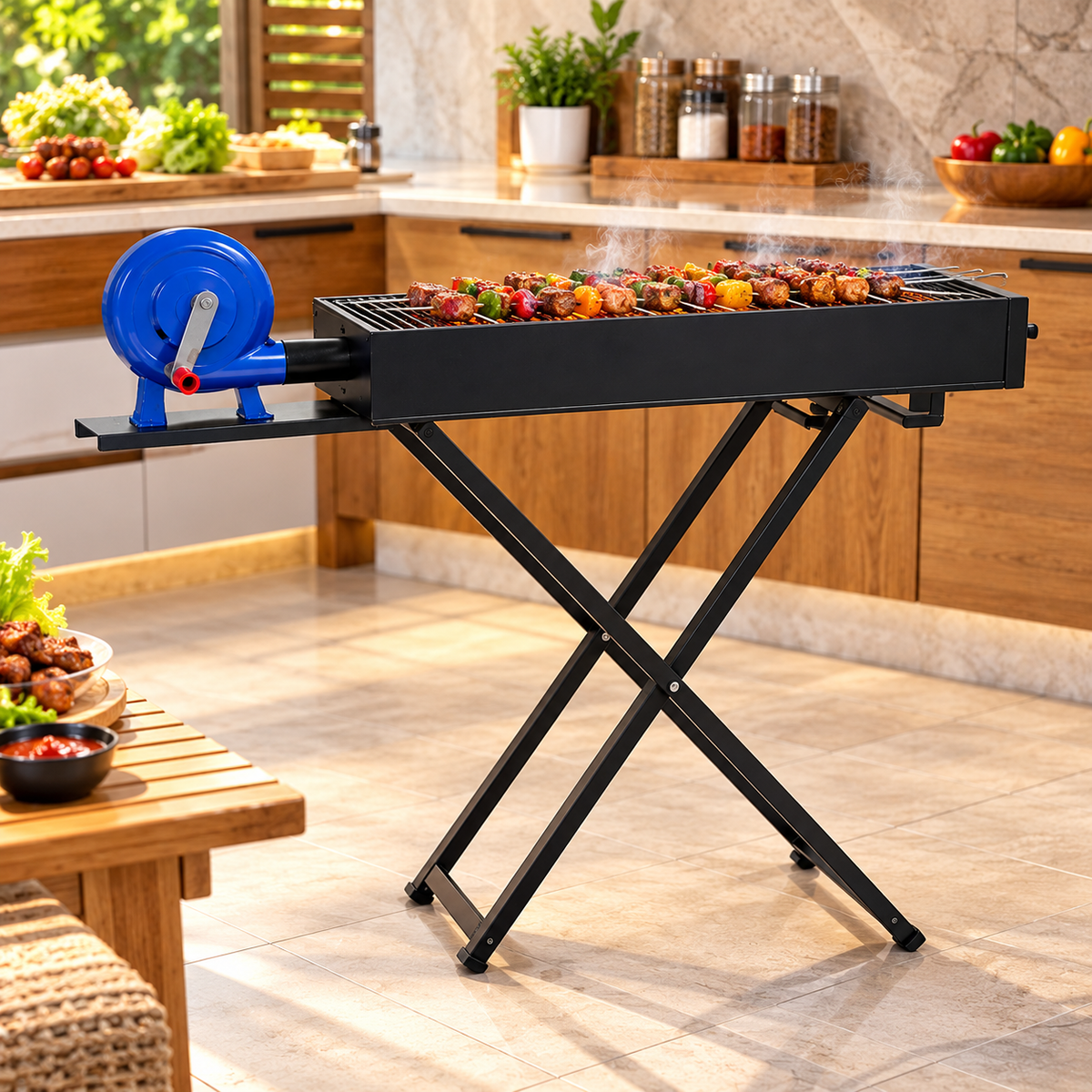 PORTABLE CHARCOAL BBQ GRILL WITH HAND BLOWER & FOLDABLE STAND - 30 x 90 cm