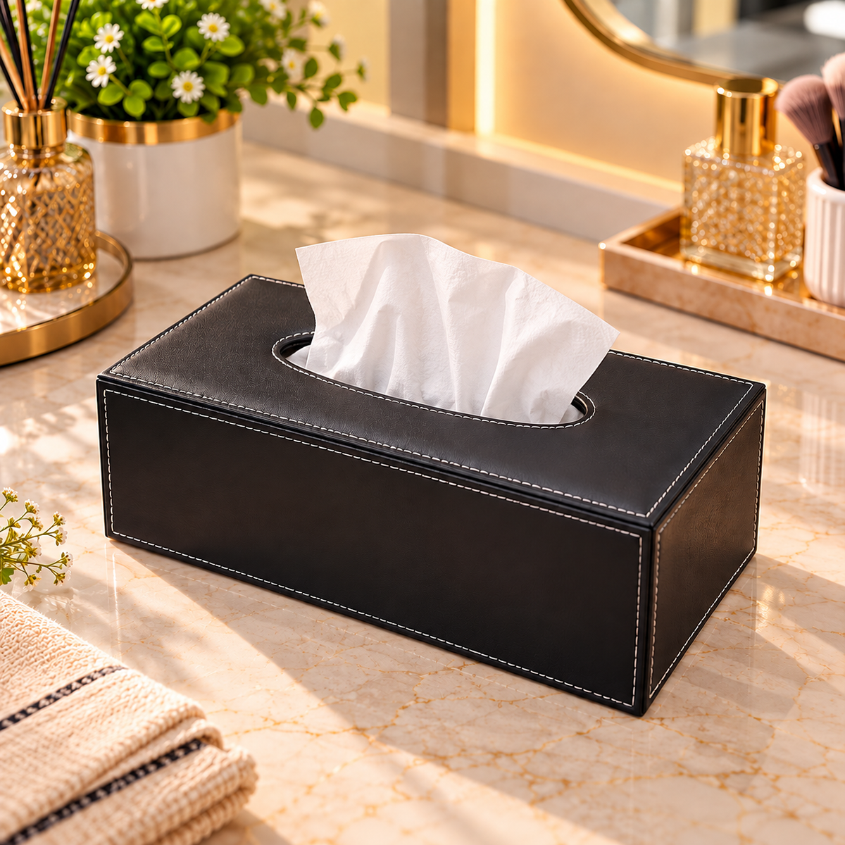 BLACK LEATHER RECTANGULAR TISSUE BOX WITH CONTRAST STITCHING
