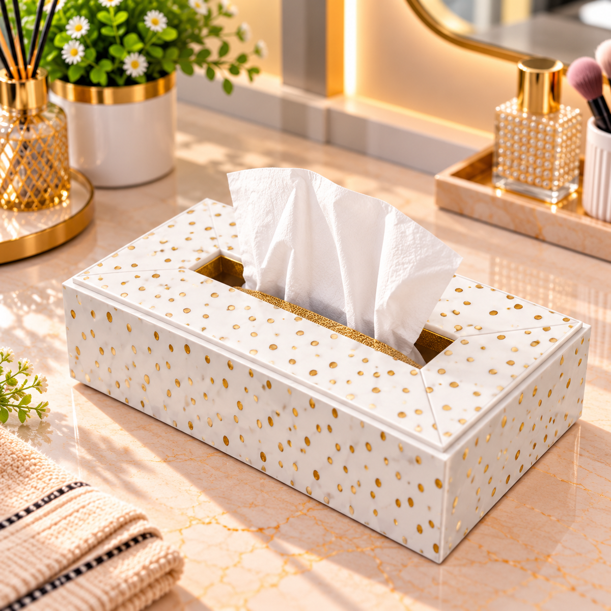 WHITE AND GOLD DOT RECTANGULAR TISSUE BOX