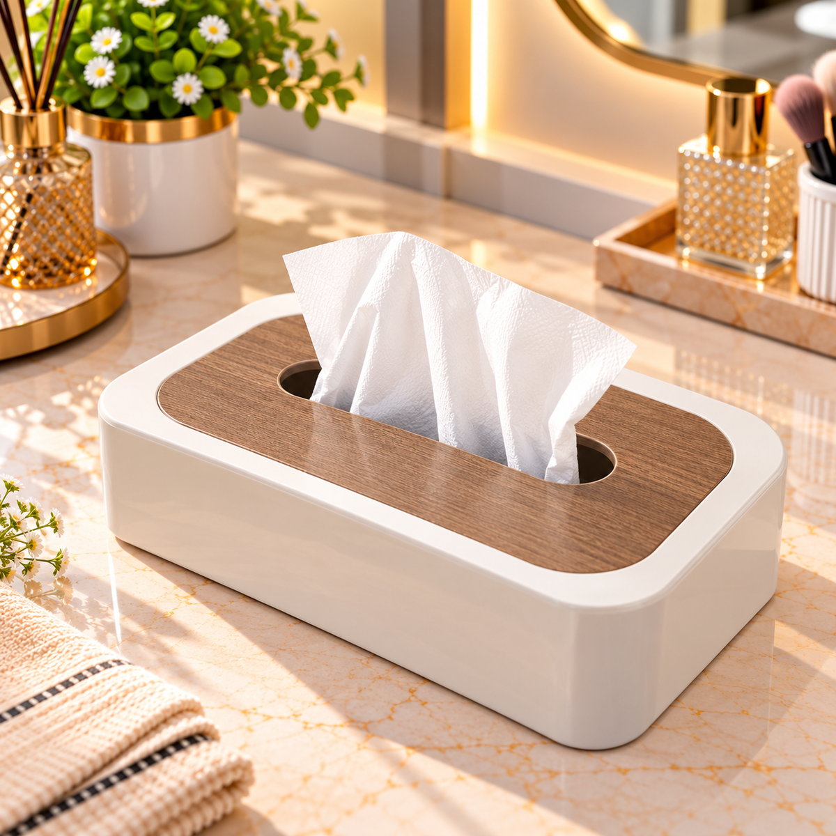 WHITE RECTANGULAR TISSUE BOX WITH WOOD LOOK TOP