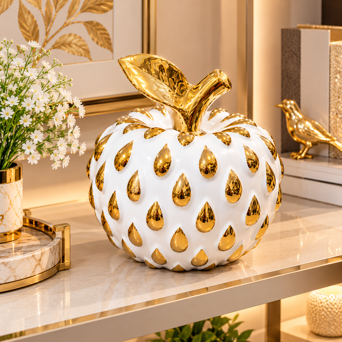 WHITE & GOLD APPLE DECORATIVE ORNAMENT - LARGE
