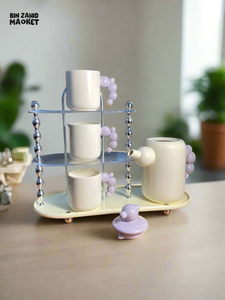 CREAM-STYLE CERAMIC TEA SET — ELEGANT TEAPOT AND CUPS WITH STYLISH RACK PERFECT FOR LIVING ROOM USE OR AS A HOUSEWARMING GIFT - PURPLE