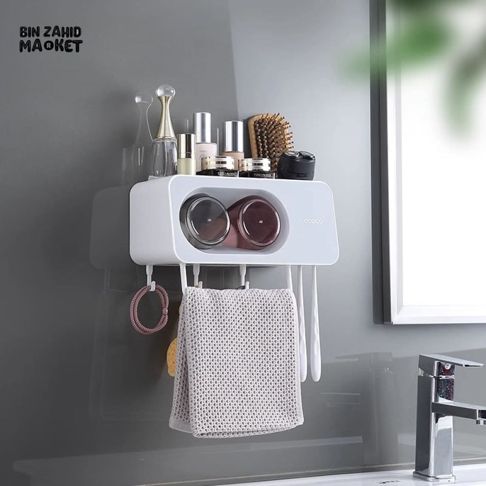 ECOCO BATHROOM STORAGE RACK – WALL-MOUNTED SHELF WITH TOOTHBRUSH HOLDER DUAL CUPS & HOOKS