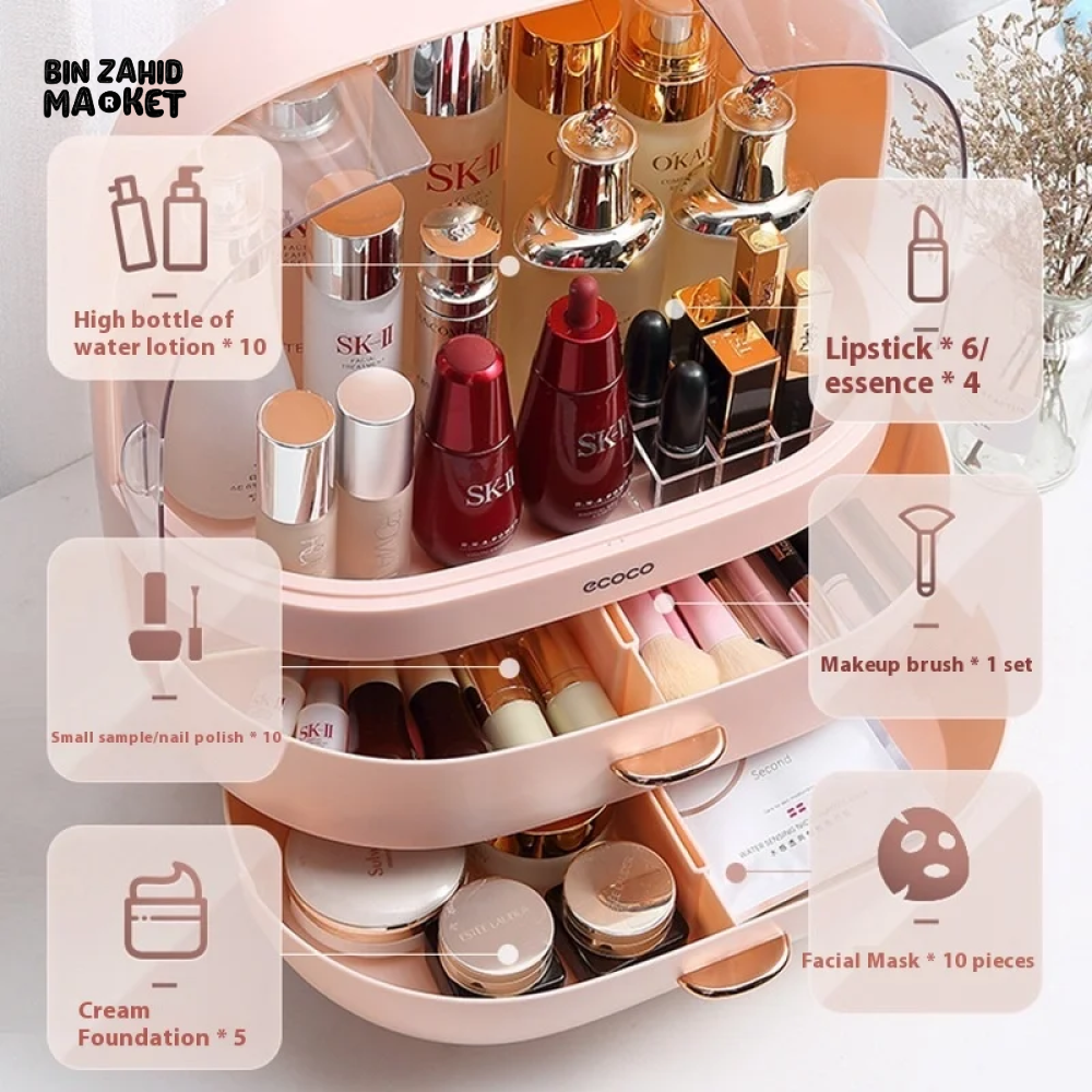 ECOCO LARGE CAPACITY COSMETIC STORAGE BOX – DUSTPROOF & WATERPROOF MAKEUP ORGANIZER WITH DRAWERS - PINK